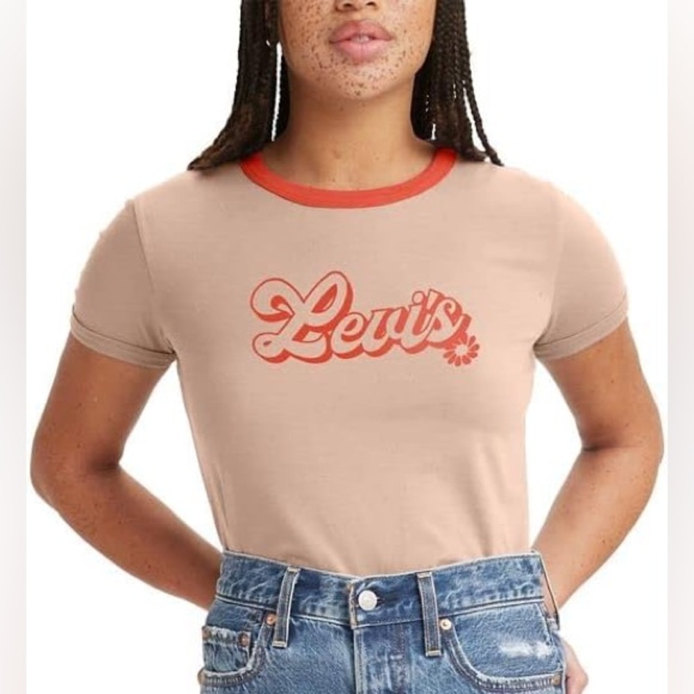 NWT Levi’s Women’s Perfect Flower Ringer Short Sleeve Logo T Shirt Orange XL